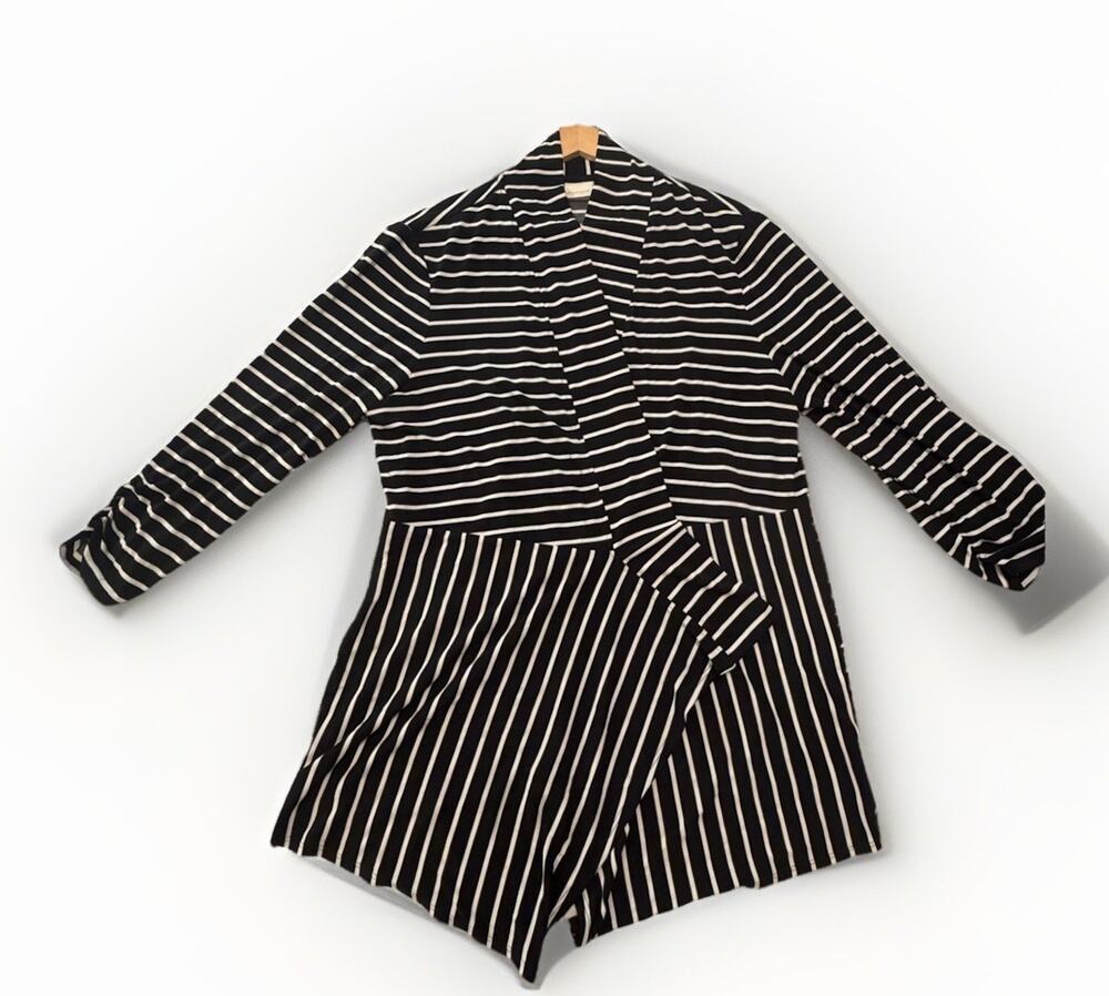 Chico's Striped Knit Tunic Black White Open Front Long Sleeve Size 3